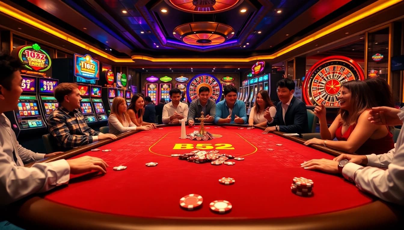 Cổng game B52 showcasing an exciting poker table with vibrant players and colorful slot machines.