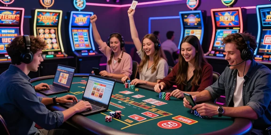 Excited players in vibrant credit card casinos scene, showcasing diverse gaming experiences with laptops and smartphones.