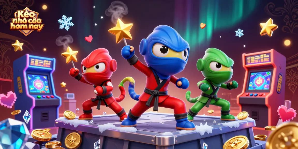 Kèo nhà cái hôm nay showcasing a dynamic 3D scene with ninja chameleons engaging in martial arts amidst vibrant gaming visuals.