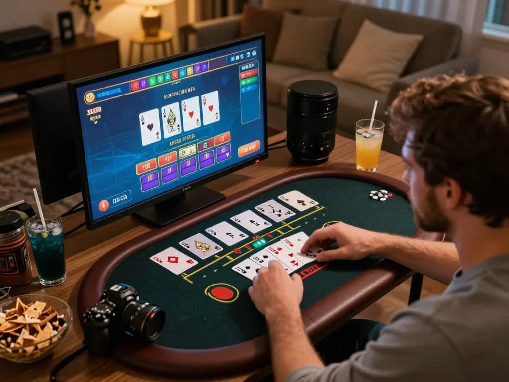 lc88 player enjoying online blackjack in a cozy home setting, showcasing strategic bankroll management