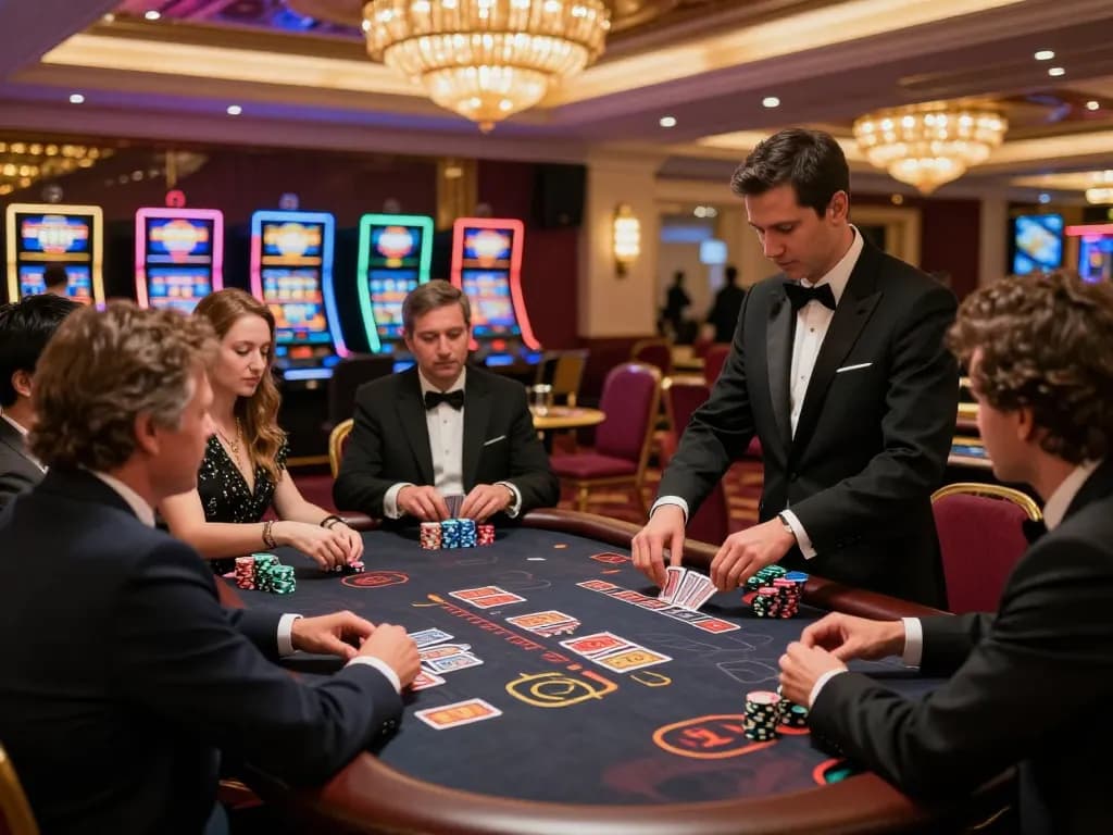 Players strategizing their hands at the hitclub blackjack table surrounded by vibrant casino decor