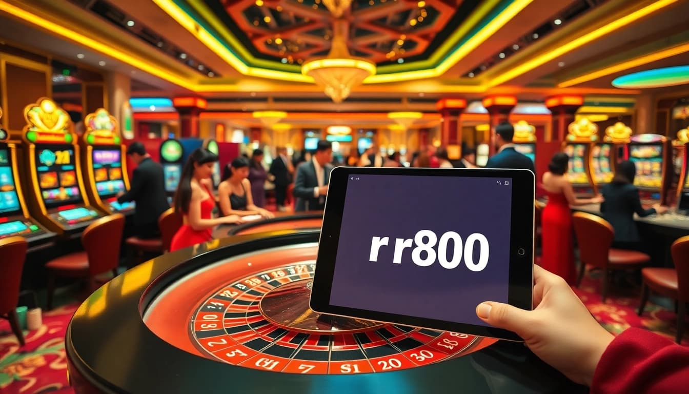 A lively casino scene showcasing rr888 with players at a roulette table and vibrant slot machines.