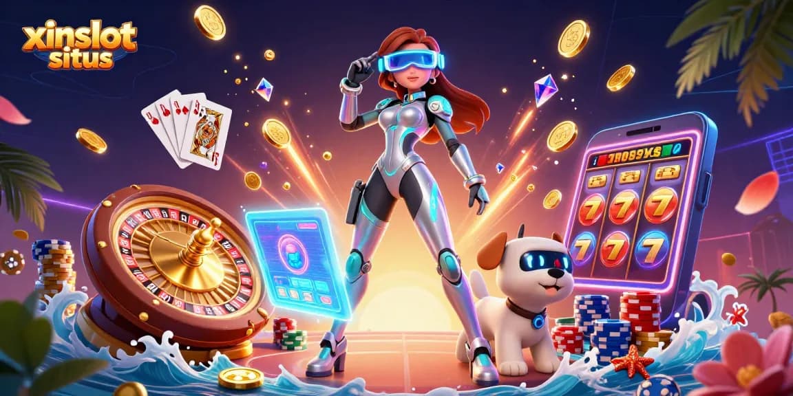 XINSLOT situs showcases vibrant slot games with a futuristic design, engaging players in a dazzling casino atmosphere.