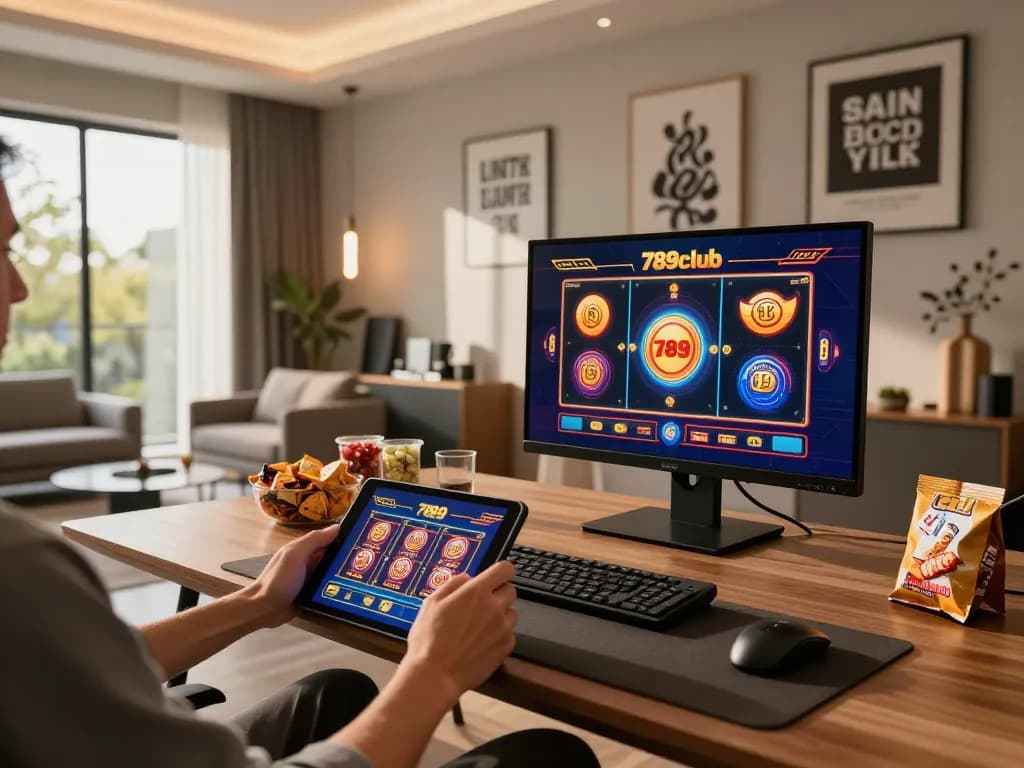 Engaging online gaming scene at 789club, showcasing tablet gameplay and stylish home environment