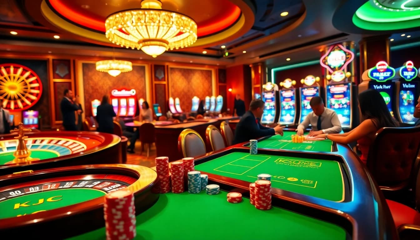 KJC casino scene showcasing poker chips and roulette wheels in a luxurious setting.