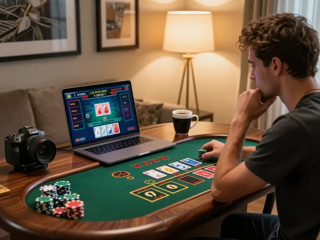 Player enjoying live dealer games at home with a laptop showcasing hm88 online casino, warm and inviting atmosphere.