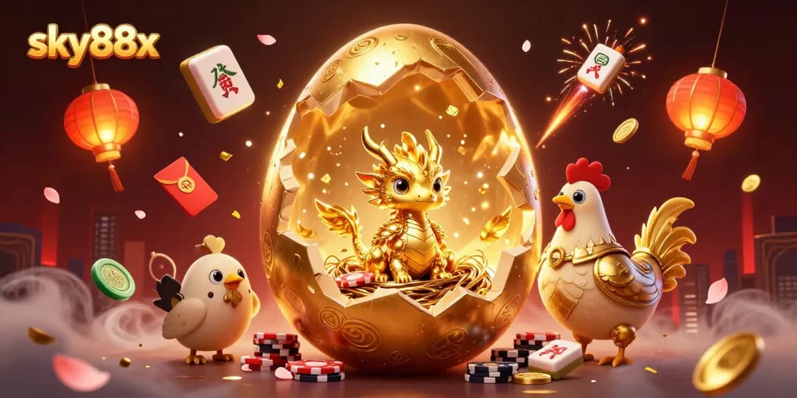 Experience thrilling gameplay at sky88x with a golden dragon guarding poker chips amidst festive elements.