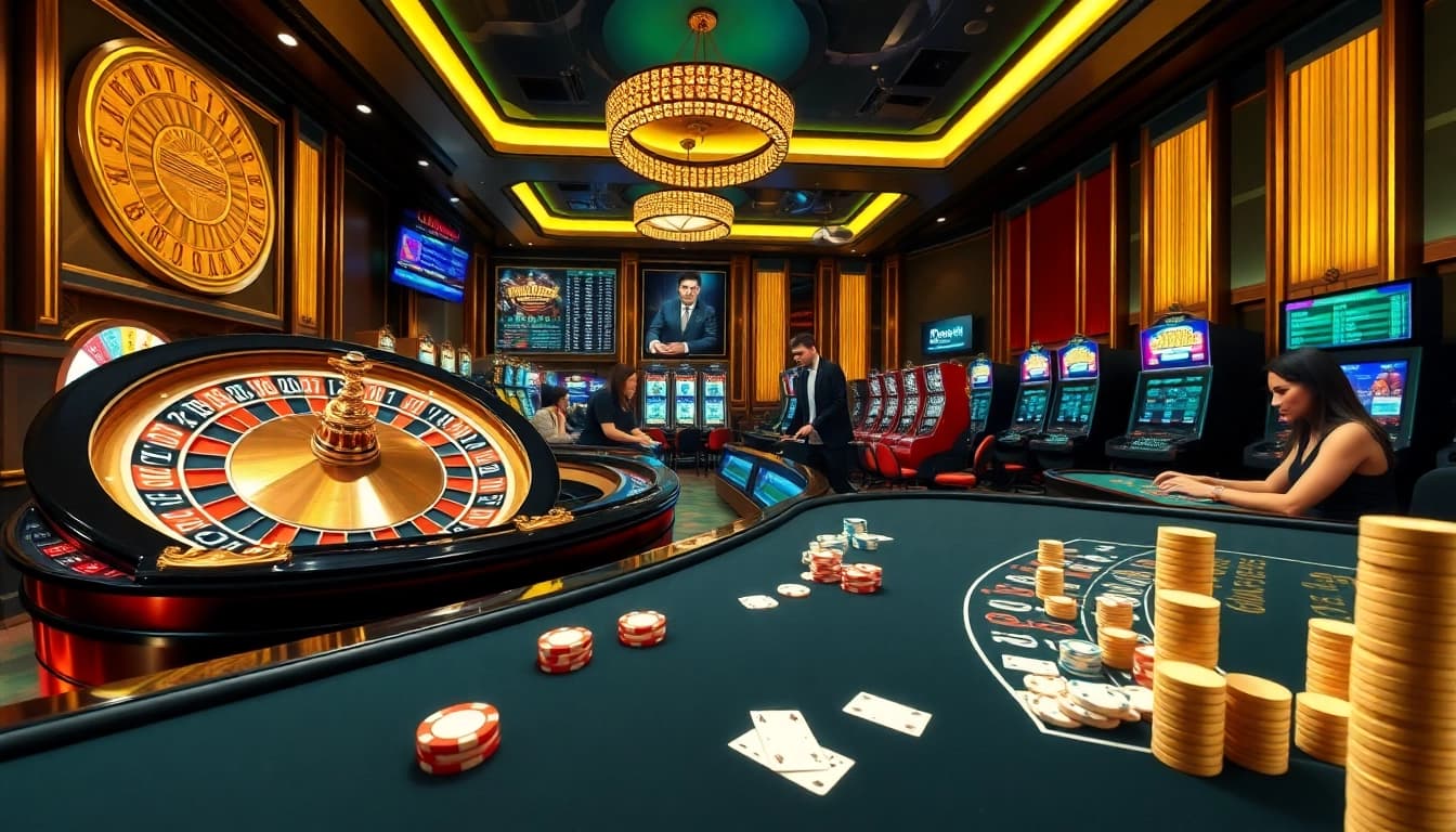 Experience the excitement of gambling at https://mm88.directory/ with a vibrant casino scene filled with roulette and slot machines.