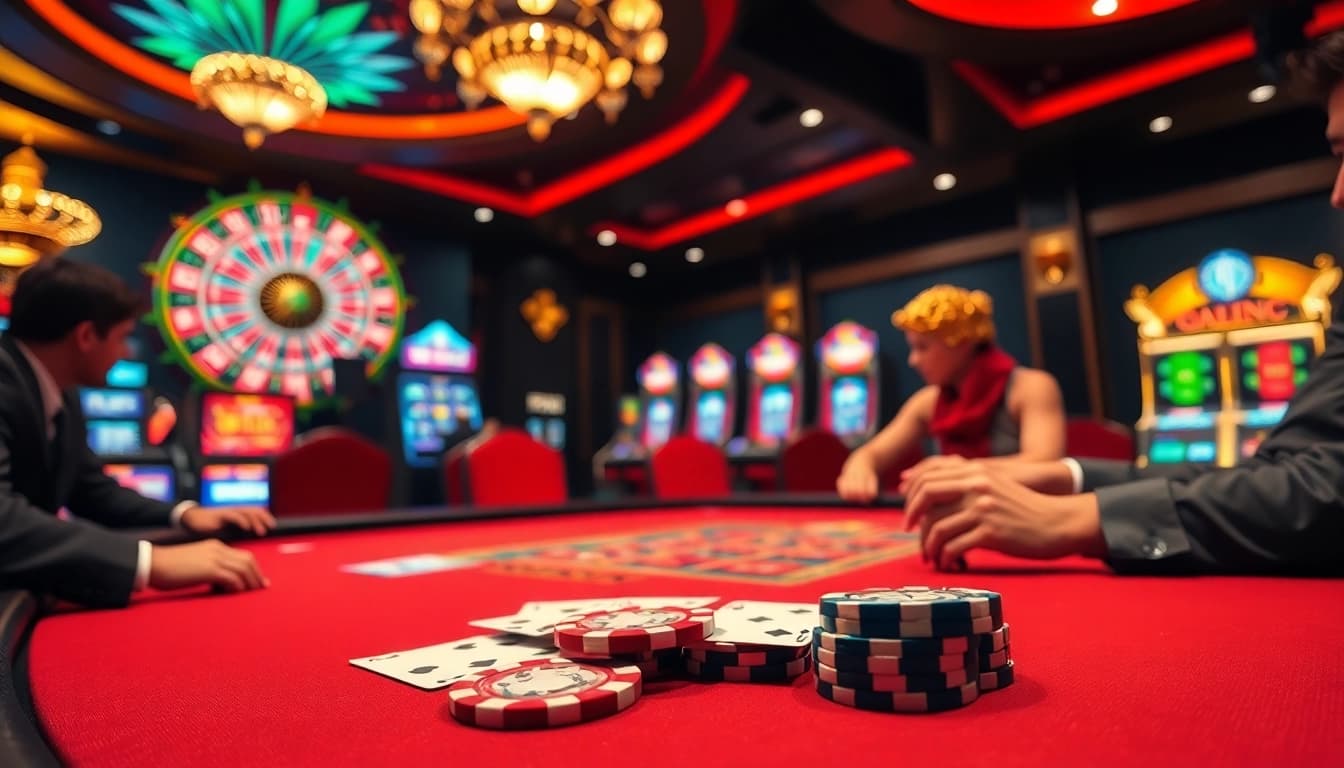 Engaging players at casino 789p playing poker with vibrant chips and roulette background.