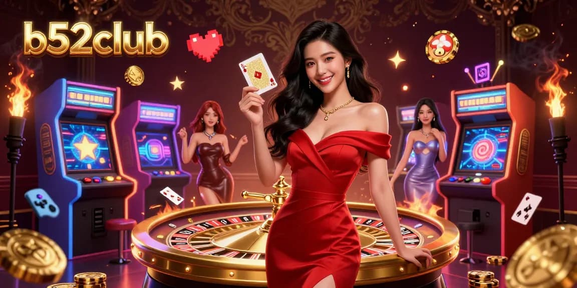 Experience thrilling wins at b52club with a gorgeous Asian woman holding a golden playing card beside a roulette wheel.