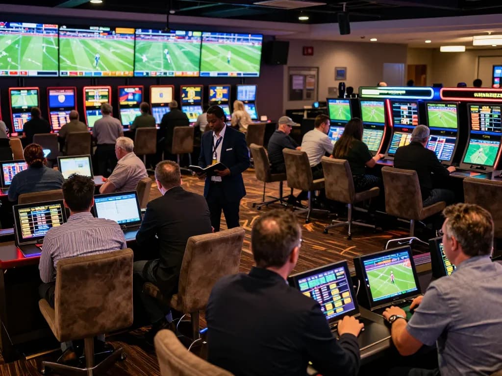 Engaged bettors strategizing and checking odds at the dynamic sports betting lounge from https://fun88cd.in.net/ during a live event.