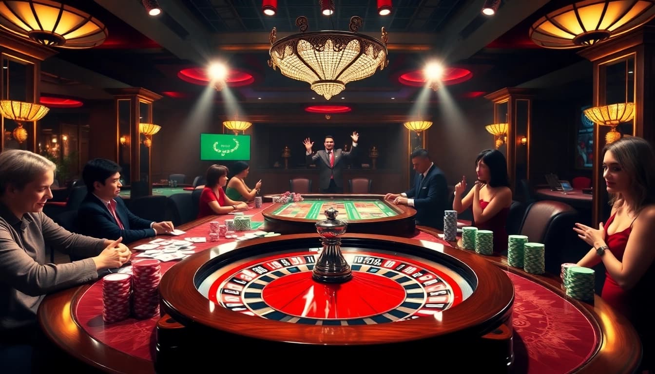Players enjoying a thrilling game at the JBO casino, surrounded by vibrant poker chips and a live dealer.