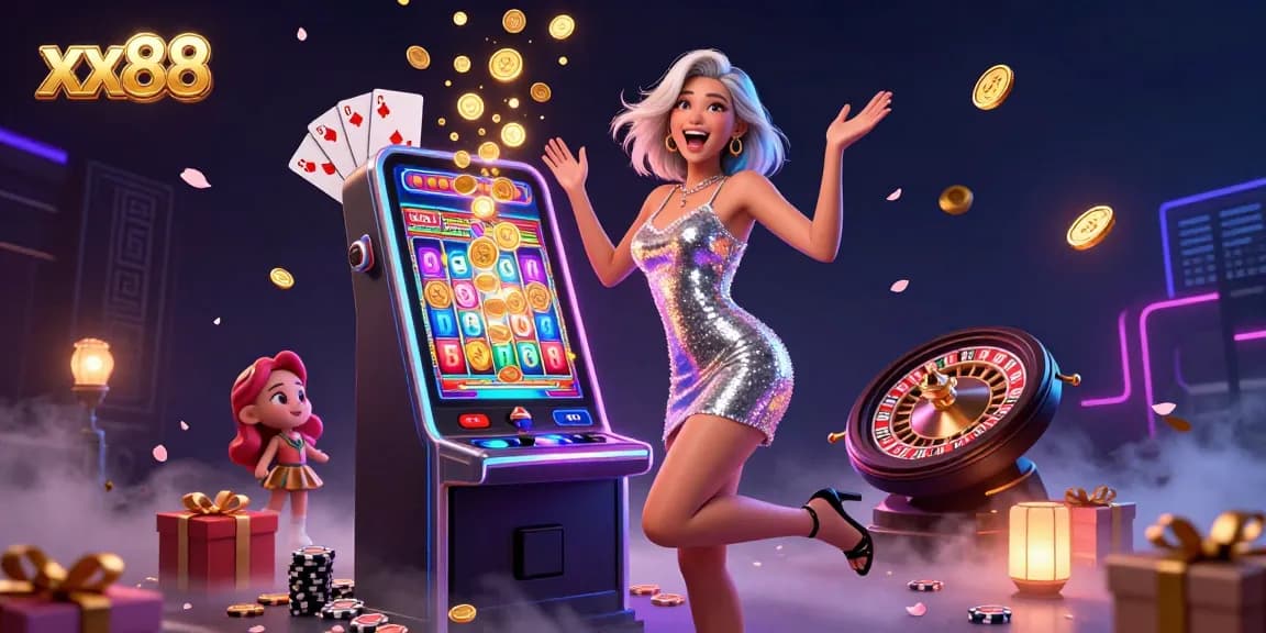 Experience excitement with xx88 as a beautiful Asian woman celebrates a jackpot win at a casino.