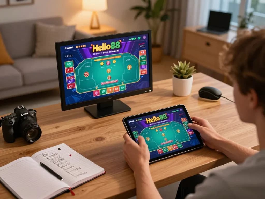 Enjoying strategic gameplay at Hello88 link vào hello88 on a tablet in a cozy home environment