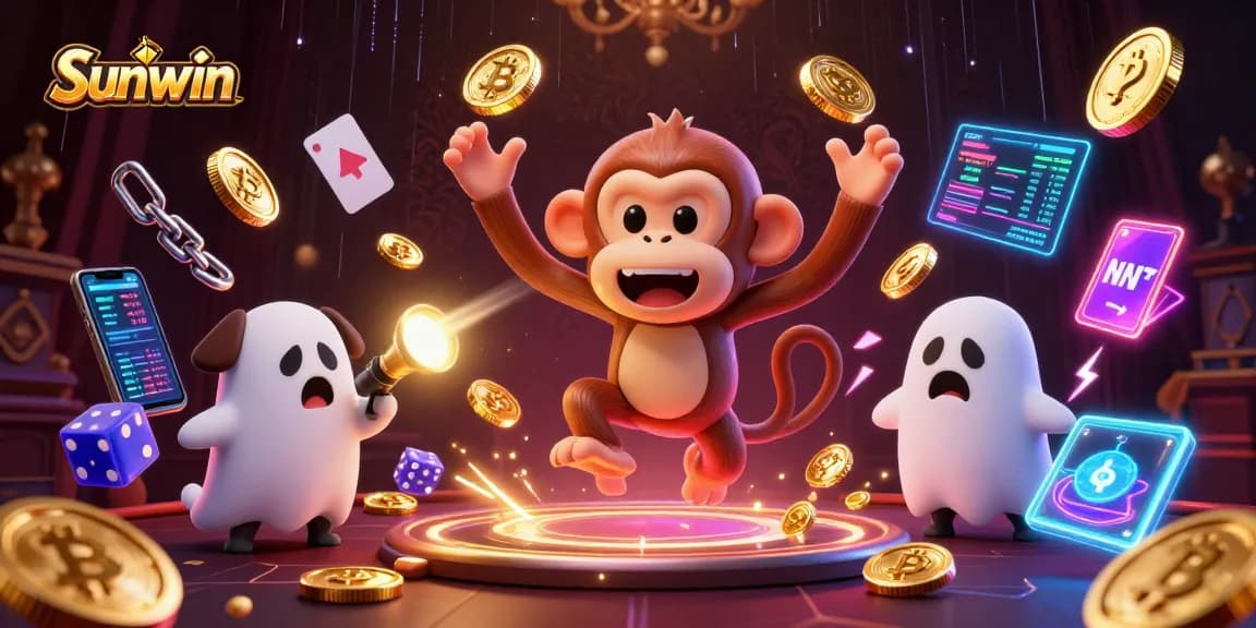 Sunwin showcases an exciting casino scene with a playful poltergeist monkey and a ghost-hunter puppy tracking golden items.
