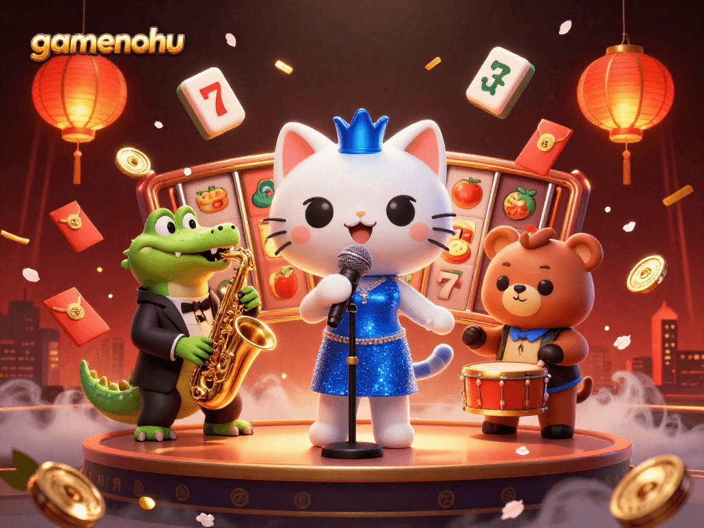 Engage with gamenohu at the vibrant casino scene featuring energetic characters and dynamic gaming elements.