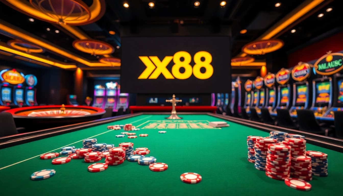 Experience high-stakes gaming action with XX88 at a luxurious casino table.