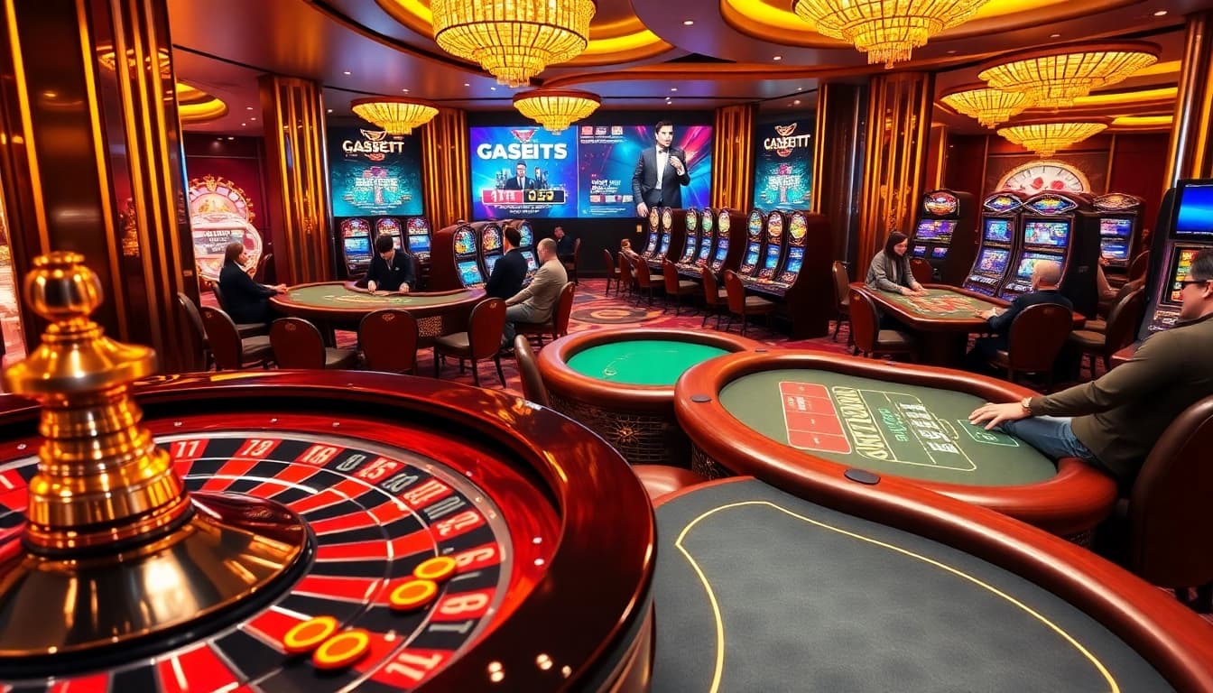 Exciting gameplay at https://fabet3.com/, showcasing poker tables and slot machines in a vibrant casino setting.