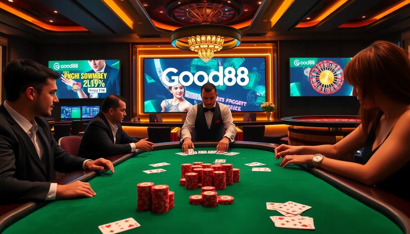Experience high-stakes poker at Good88 with vibrant decorations and a luxurious atmosphere.