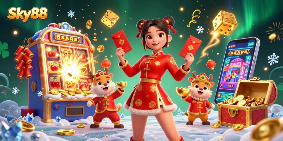 Experience thrilling gameplay at Sky88 with vibrant slot machines and festive Chinese New Year celebration.