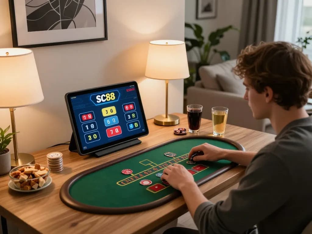 Player using SC88 to engage in live dealer blackjack, showcasing an immersive online gaming experience at home