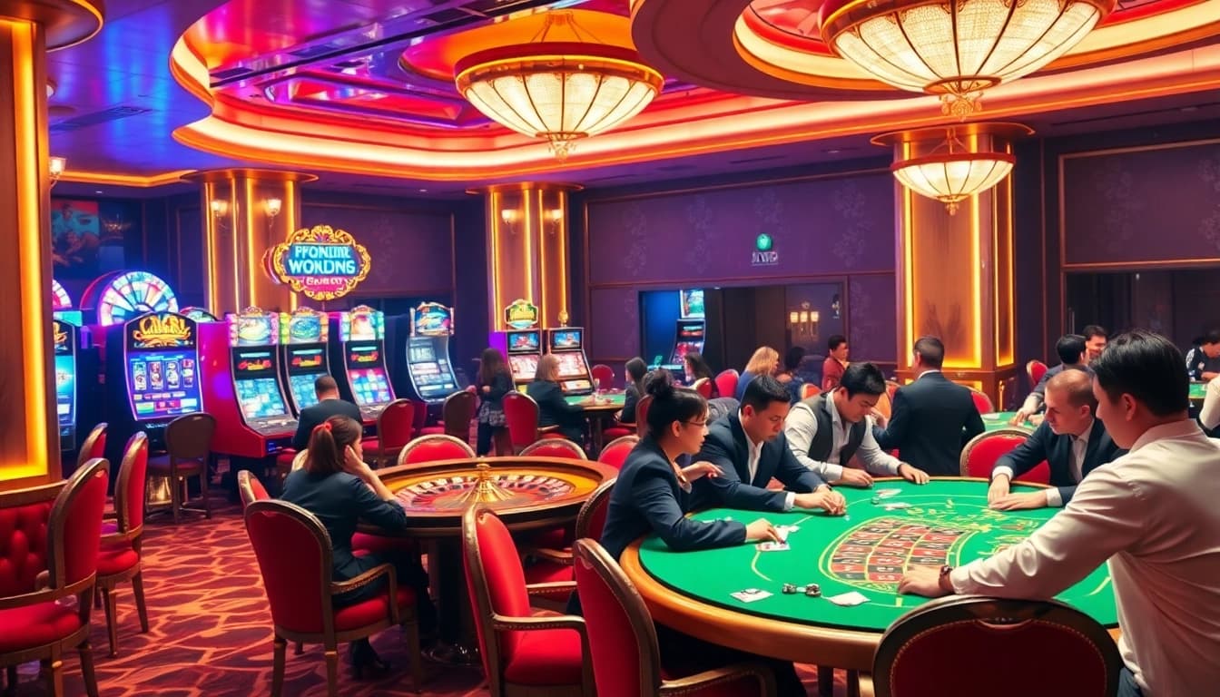 Gambling excitement at https://xx88.boats/ featuring stylish casino tables, vibrant slot machines, and engaged players.