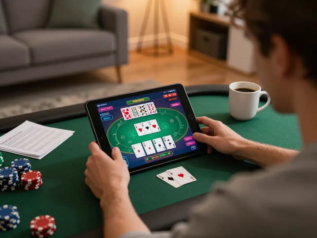 Taisunwin poker game strategy in a cozy home setting with tablet and notes