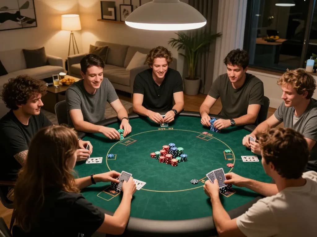 Players engage in a lively poker game at home, showcasing Go99’s strategic gaming experience