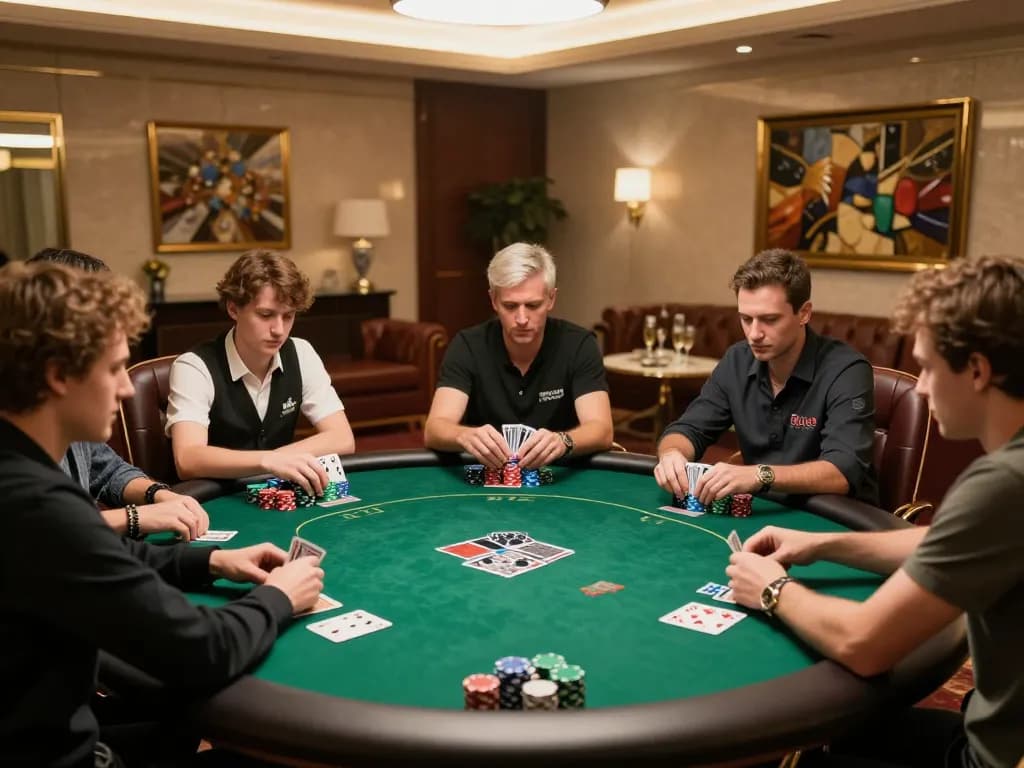 Players engage in an intense SC88 poker game with chips and cards in a luxurious setting.