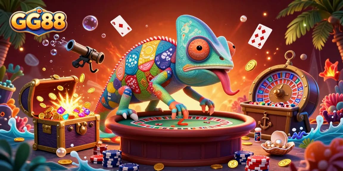 Engage with the vibrant GG88 casino scene featuring playful characters and gaming elements.