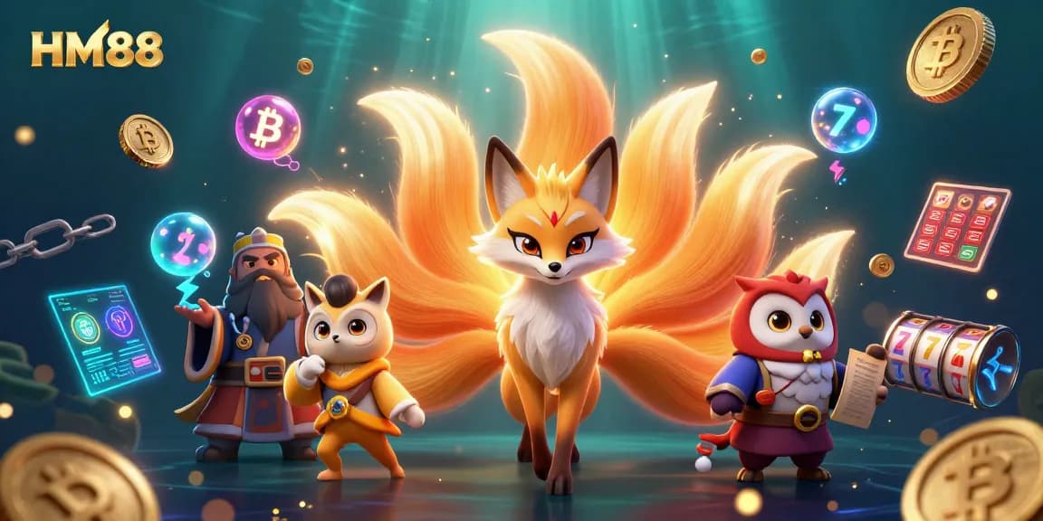 HM88 offers thrilling slot gaming with a colorful nine-tailed fox spirit and glowing coins.