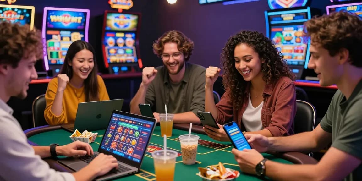 Diverse group enjoying jumpspace credit card casinos while celebrating online gaming wins with vibrant casino interface.