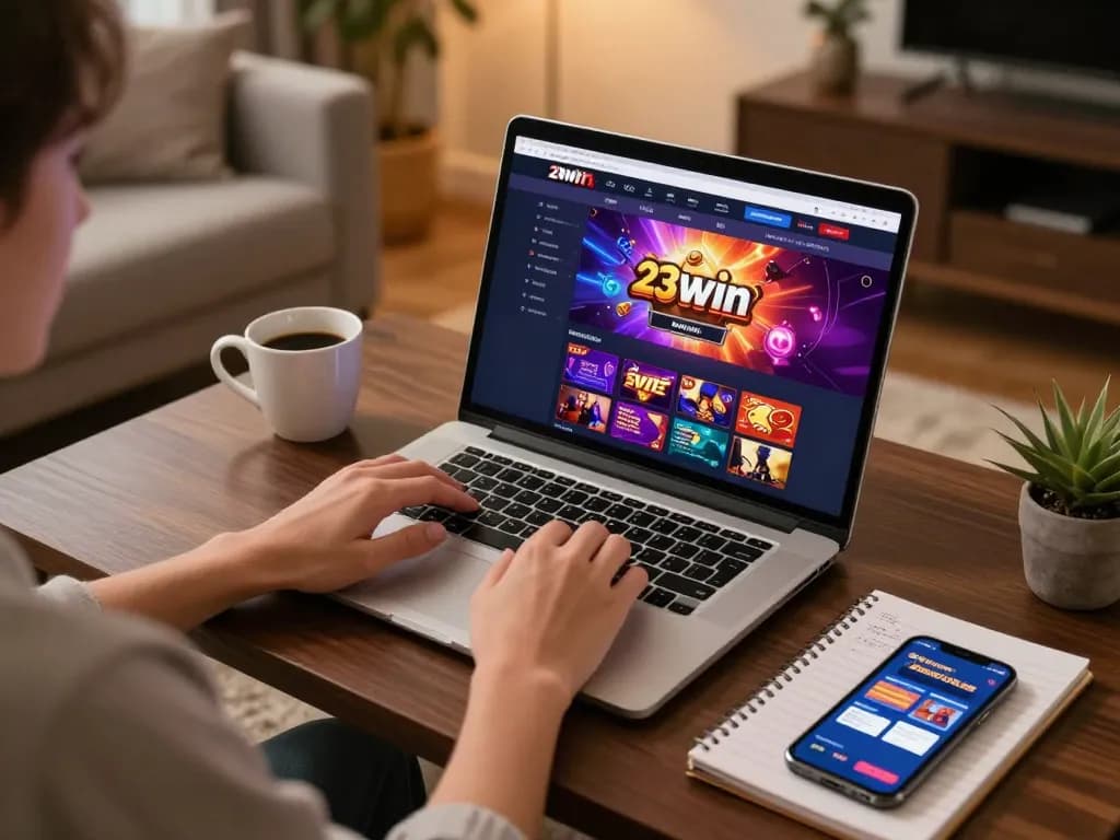 Player enjoying online gaming at 23win platform in a cozy home setup with warm ambiance