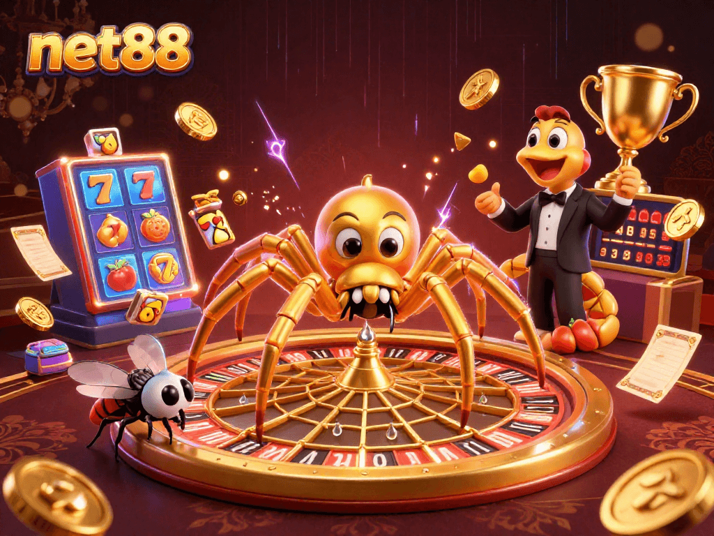 Engage with net88's vibrant 3D casino scene featuring a unique spider roulette.