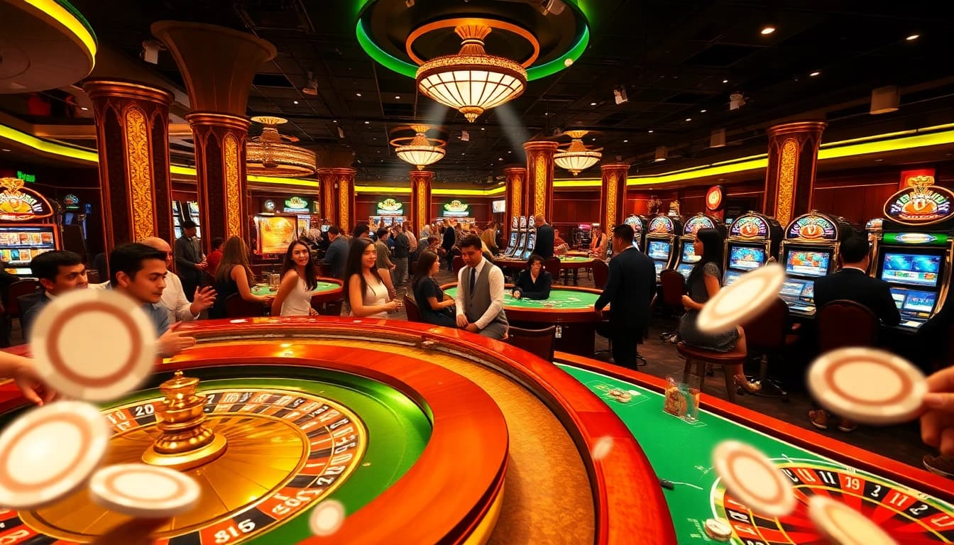 Players winning big at https://vmax.jp.net/ with glamorous gambling tables filled with chips and excitement.