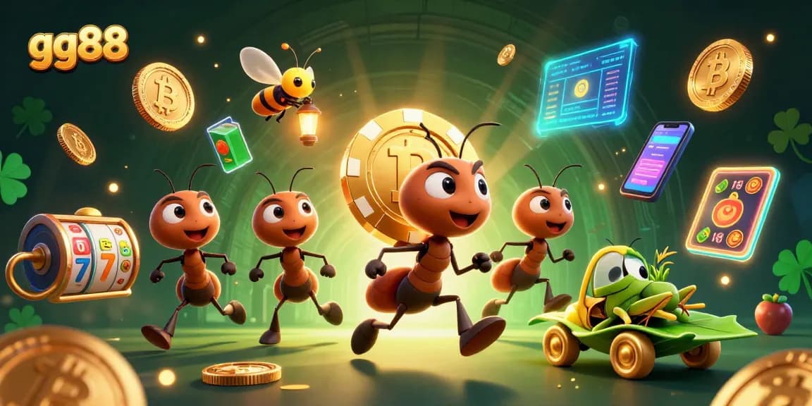 Experience gambling excitement with gg88's vibrant heist scene featuring ants and golden poker chip.
