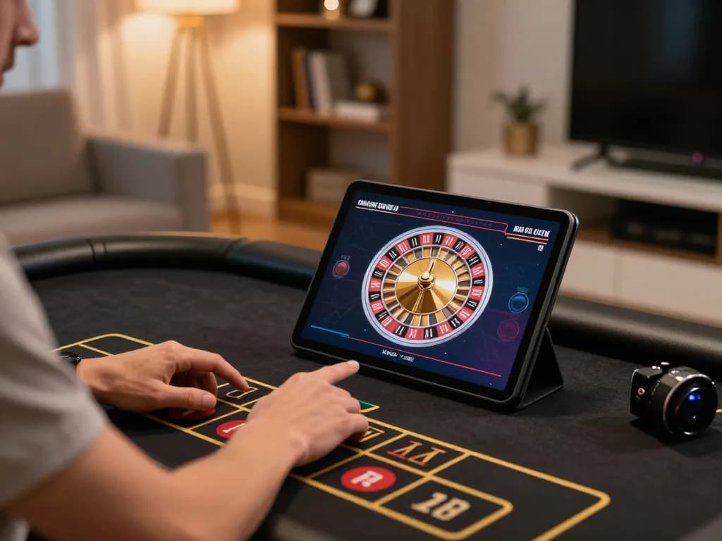 Playing a live dealer game on hay88x tablet, strategizing bets in a cozy home setting.