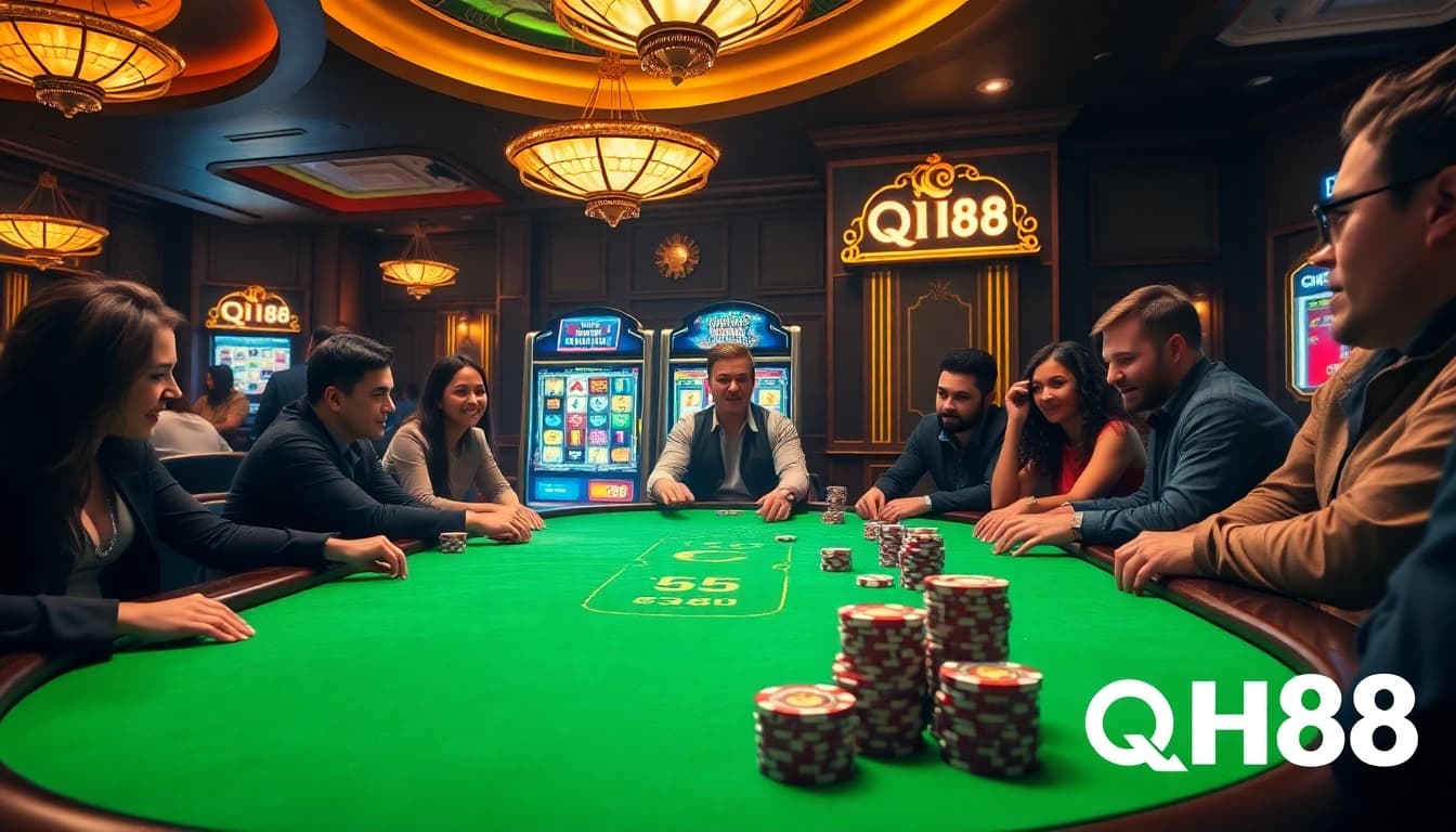 Players enjoying an exciting poker game at QH88 casino, surrounded by vibrant slot machines and chips.