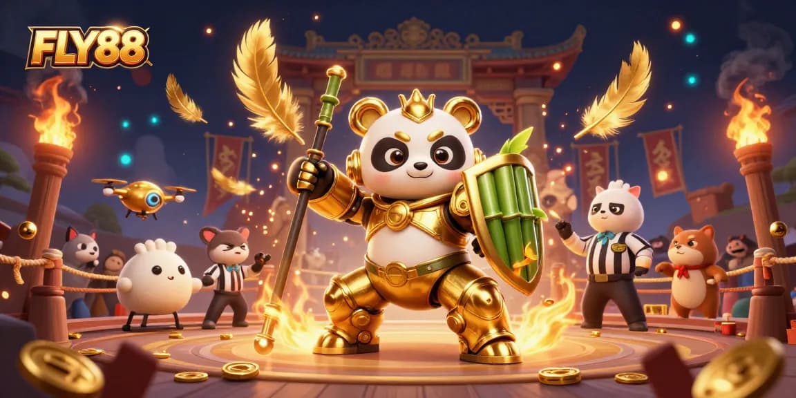 FLY88's exciting arena showcases golden panda in mech-suit piloting bamboo robot amidst cheering characters.
