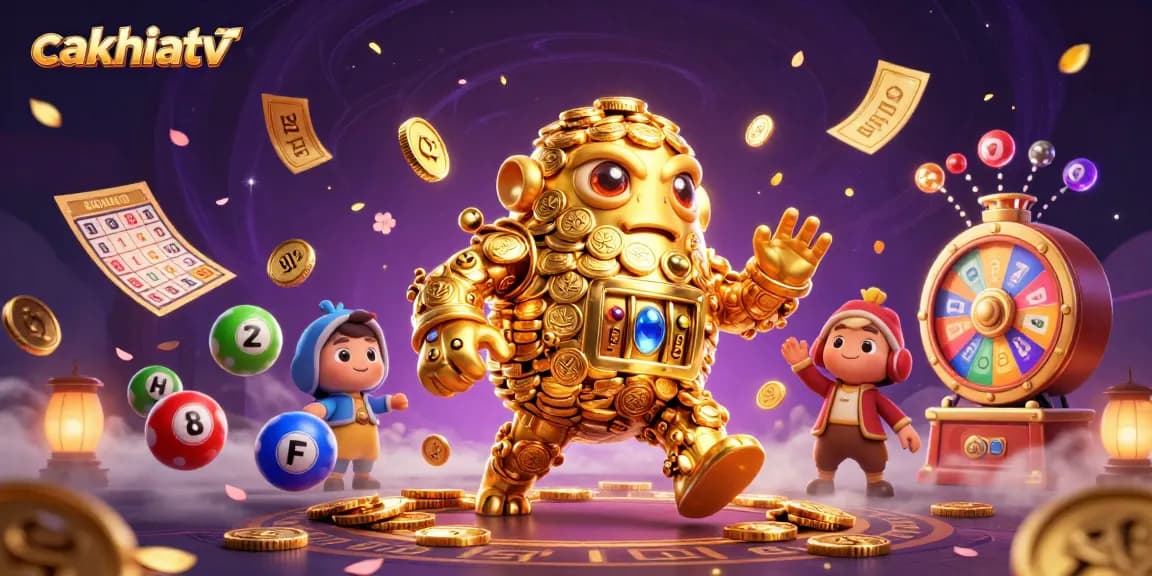 Engage with exciting gaming action on CakhiaTV featuring a vibrant 3D golden golem surrounded by colorful lottery elements.