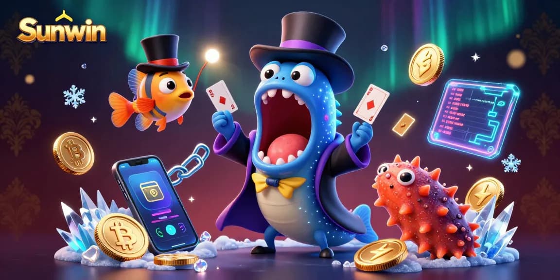 Engage with Sunwin's magical casino experience featuring a whimsical eel magician, anglerfish spotlight, and dynamic crypto elements.