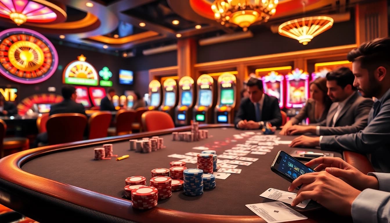 Players enjoying a thrilling poker game at 88bet .com, surrounded by vibrant casino elements.