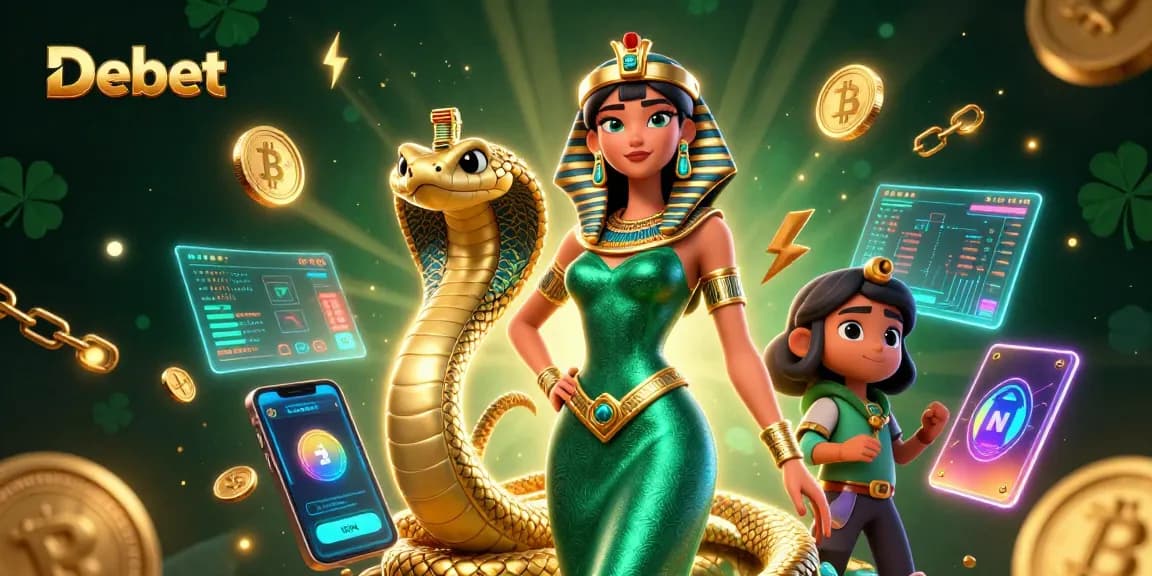 Engage with Debet's thrilling casino scene featuring an enchanting woman and crypto elements.