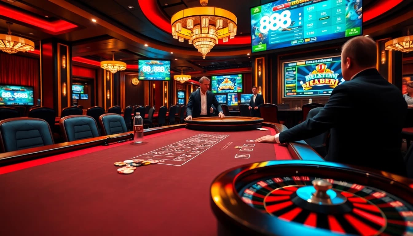 Exciting casino atmosphere featuring dynamic blackjack and poker gaming elements at 888b.