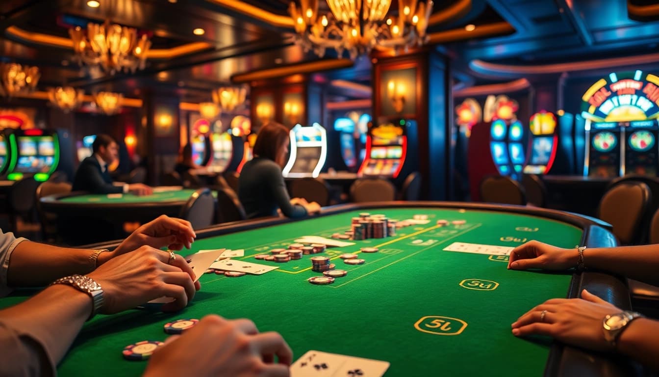 SUNCITY's vibrant casino tables feature poker chips and players engaged in high-stakes games.