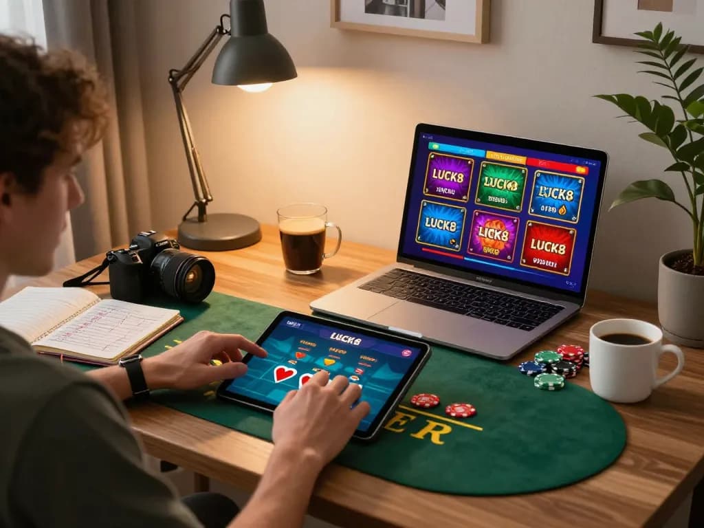 Người chơi tham gia chiến lược blackjack LUCK8 trên máy tính bảng, thể hiện trải nghiệm cá cược trực tuyến hấp dẫn.
