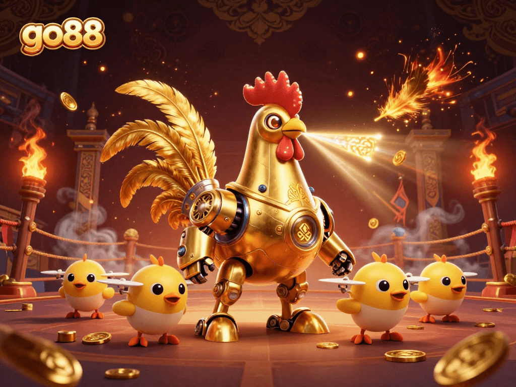 Engage in vibrant go88 casino action with a golden rooster robot and baby chick drones!
