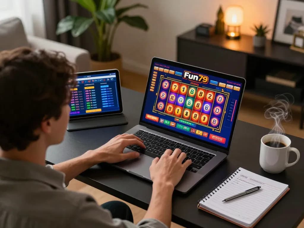 Engaging home gaming scene with Fun79 INK online slot interface and bankroll notes for strategic play.
