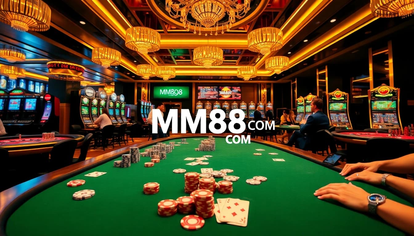Engaging players enjoying vibrant gaming tables at MM88 COM casino, with poker chips and cards displayed.