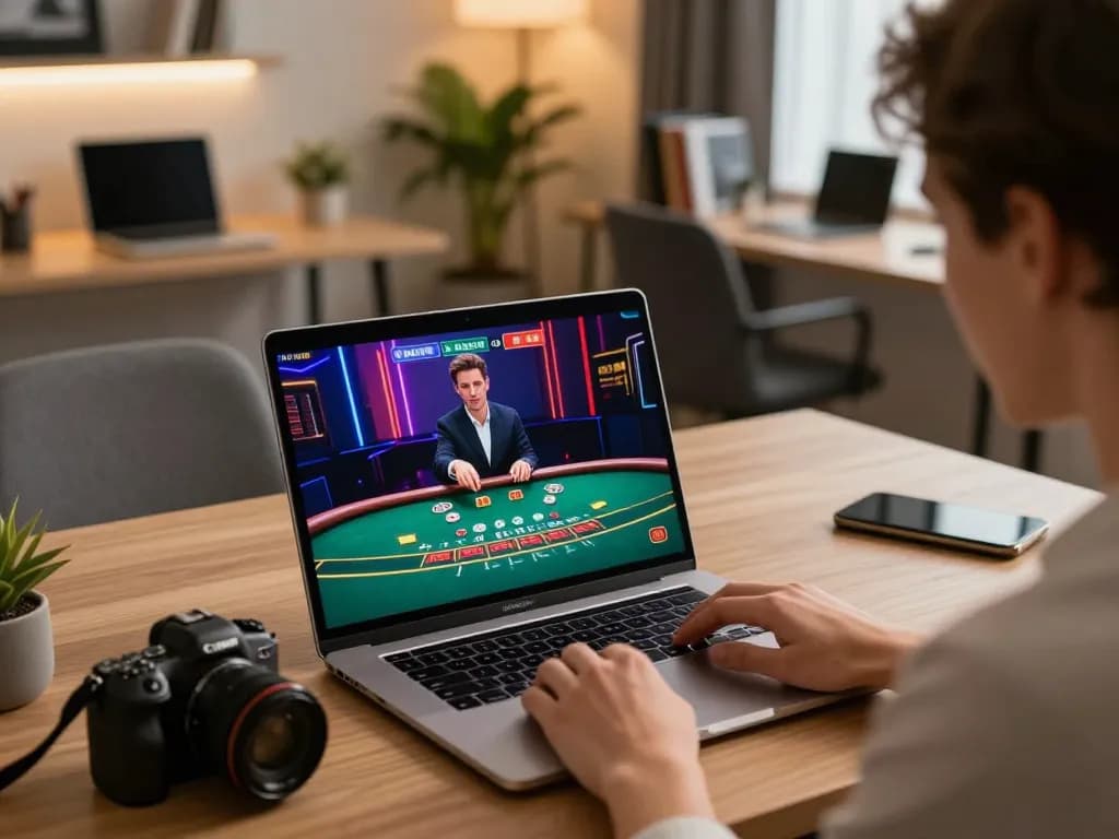 Person engaging in f168 online casino play with live dealer blackjack on a laptop, warm atmosphere.